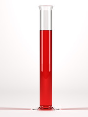 High tube retort with red liquid on white background