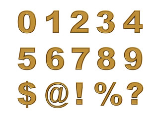 set of gold numbers and symbols isolated on white