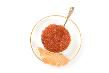 salmon caviar and long loaf isolated on white