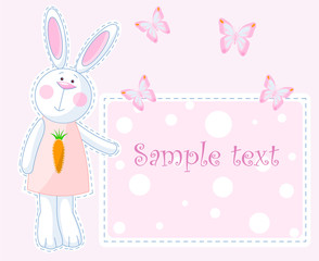 Cute bunny pointing on the greeting card
