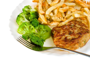 close-up cutlet with broccoli and potatoes