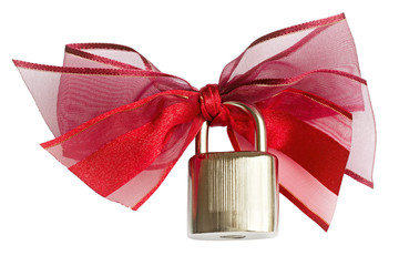 A padlock with a red ribbon isolated on a white background 