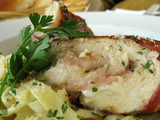 Meat filled with ham and cheese and pasta