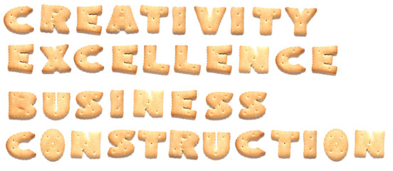 The words: creativity, excellence, business, construction