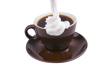 hot coffe in brown ceramic mug over white