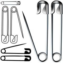 Safety and diaper pins - set of various types in vector