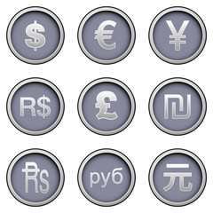 International currency icons - sleek modern button set