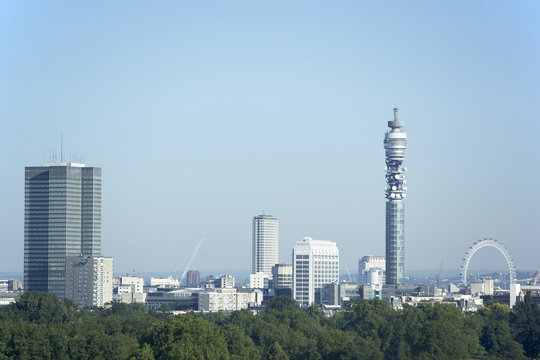 Cityscape With The BT Tower And Millennium Wheel, London, Englan