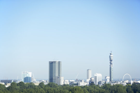 Cityscape With The BT Tower And Millennium Wheel, London, Englan
