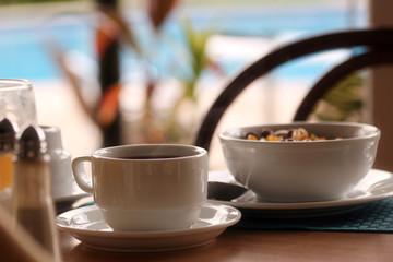Breakfast with coffee and cereals