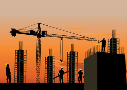 Construction site silhouette with workers at sunset