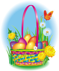 Сolorful Easter Eggs in wicker basket