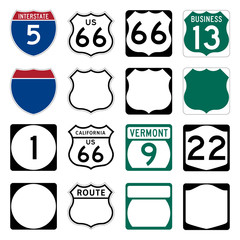 Interstate and US Route signs including famous Route 66 - 12985156