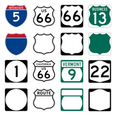 Interstate and US Route signs including famous Route 66