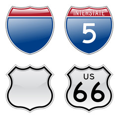 Interstate and US Route 66 signs with glossy effect