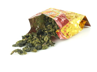 Chinese green tea in a bag on isolated background.
