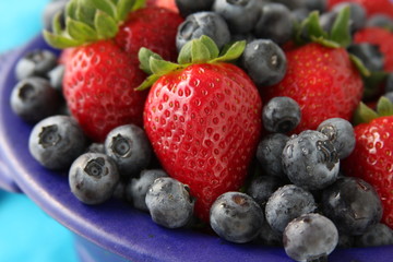 Strawberries and Blueberries in Blue Bowl