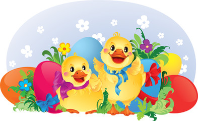 Obraz na płótnie Canvas Easter greeting card with ducklings and eggs