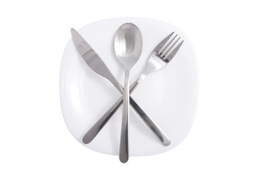 fork and knife over white plate isolated