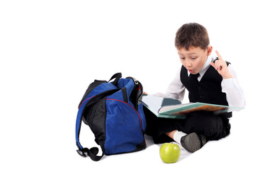 schoolboy with book and apple isolated on white