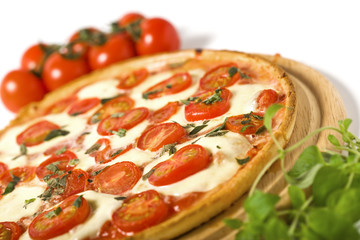 pizza margarita closeup, tilted view