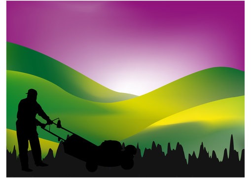 man mowing his lawn at sunset - mesh work and silhouette