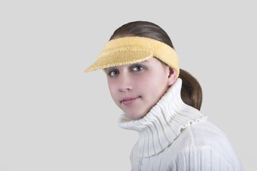 Girl with yellow Hat, over gray background