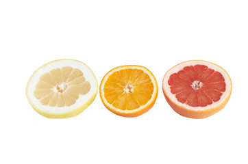 Slices of juicy citrus on a white.