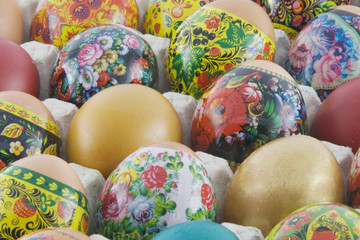 Many decorated different easter eggs background