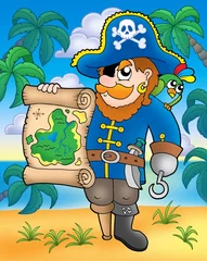 Wall murals Pirates Pirate with treasure map on beach