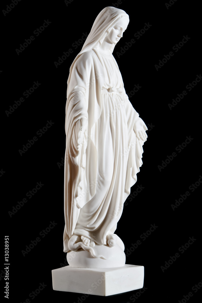 Wall mural white marble statue of mary (mother of jesus) isolated on black