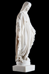 white marble statue of Mary (mother of Jesus) isolated on black