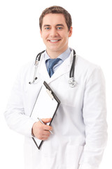 Happy doctor with stethoscope and clipboard, isolated