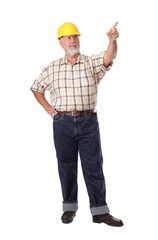 Construction worker pointing ahead