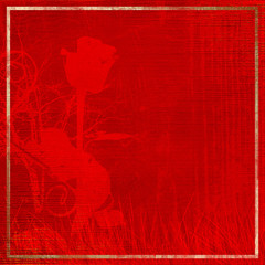 Red retro background with beautiful rose and grass