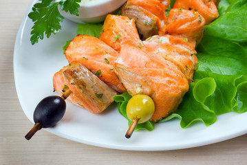 Shish Kebab from  Salmon  with Vegetables