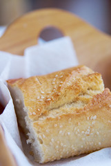 a slice of a baguette in a restaurant