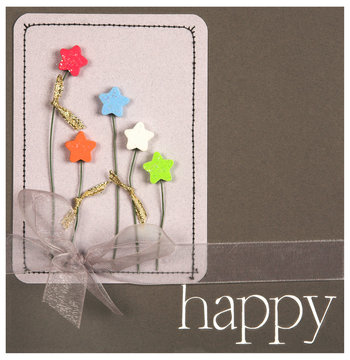 Happy - Handmade Card with colored star flowers