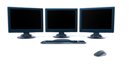 Fototapeta premium three lcd screens with keyboard and mouse on white background
