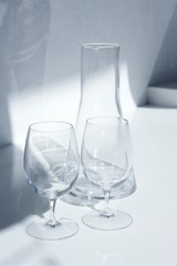 Water glass and bottle with transparent shadows