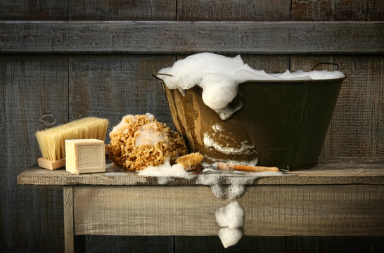 Old Wash Tub With Soap On Bench