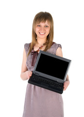 Cute woman hold laptop