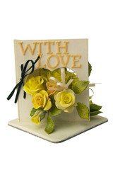 Icing greetings card with yellow roses and the words 'with love'