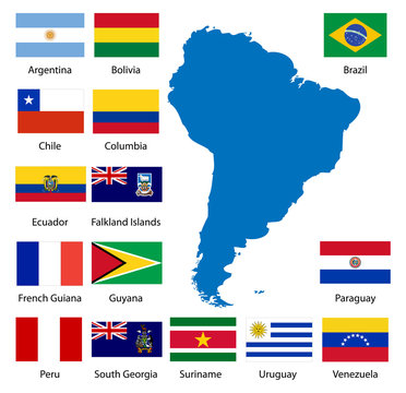 Detailed South American flags and map