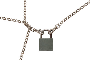 Fototapeta na wymiar Padlock with fastened chains isolated on white background
