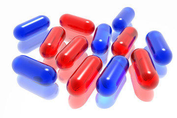 red and blue pills on white background