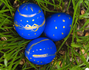 Eggs painted by hand in grass isolated on white background