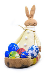 Eggs painted by hand with hare isolated on white