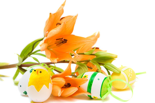 Easter Egg And Orange Lily Isolated On White