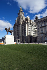 Fototapeta na wymiar Liver Building and Edward VII statue, Liverpool, England, UK
